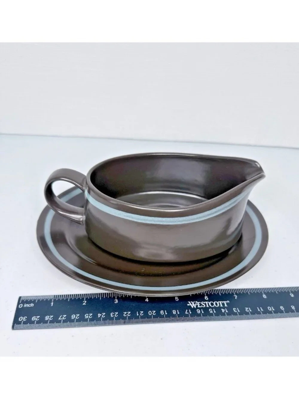 Mikasa Majorca Monza 7504 Gravy Boat with Underplate Brown with Blue Stripe MCM
